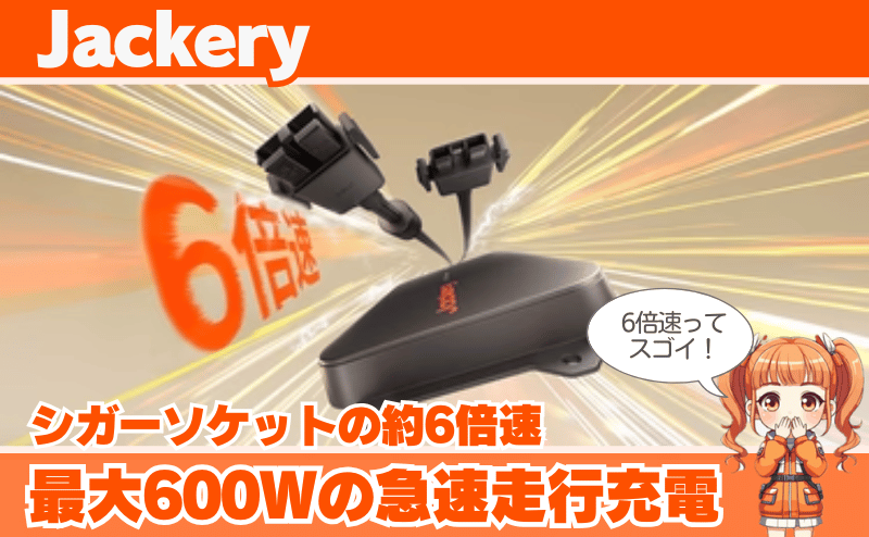 最大600Wの急速走行充電｜一般的シガーソケットの約6倍速