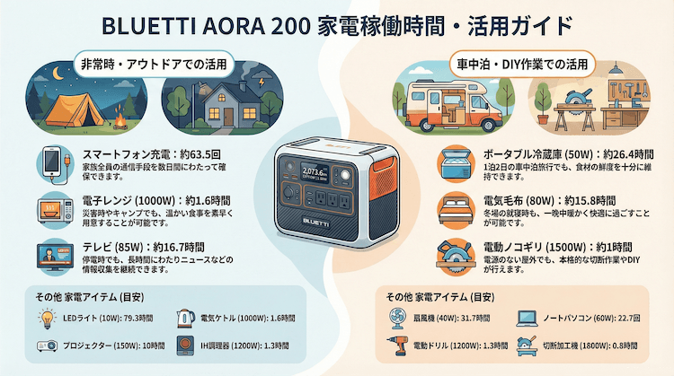ブルーティ AORA200で使える家電の稼働時間の目安