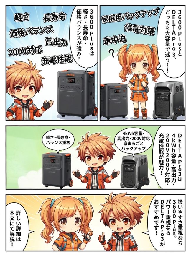 ジャクリ 3600 Plusとエコフロー DELTA Pro 3、どっちを選ぶ？