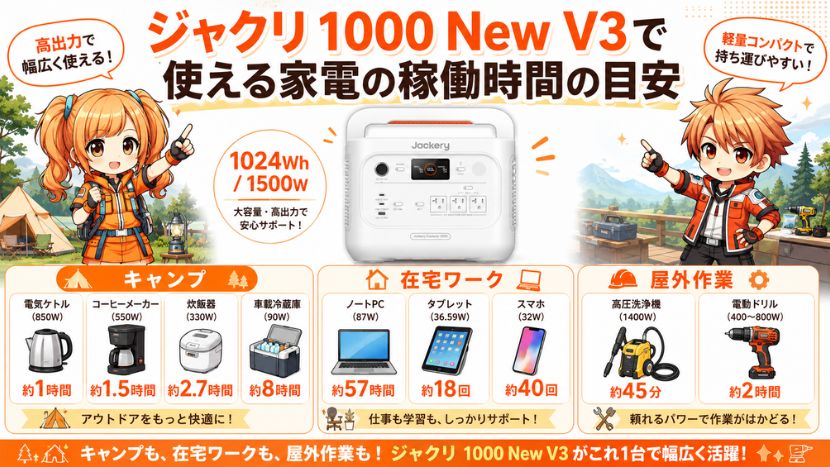 ジャクリ 1000 New V3で使える家電の目安
