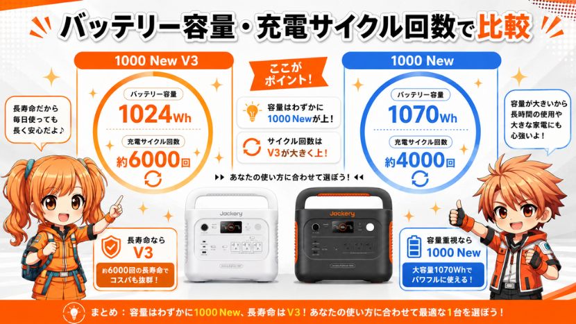 バッテリー容量・充電サイクル回数で比較
