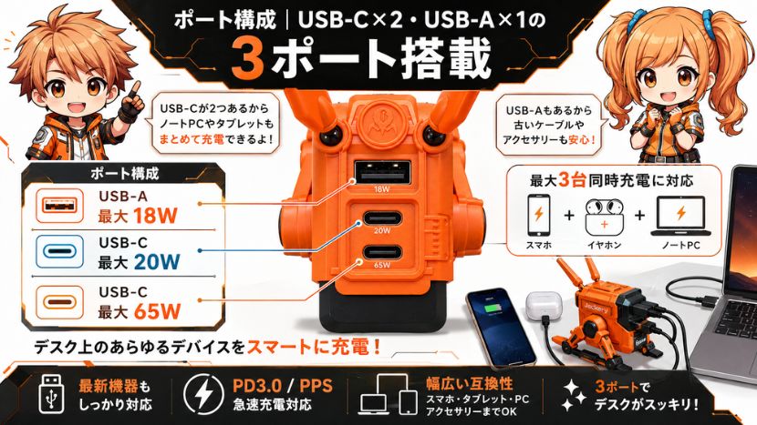 ポート構成|USB-C×2・USB-A×1の3ポート搭載