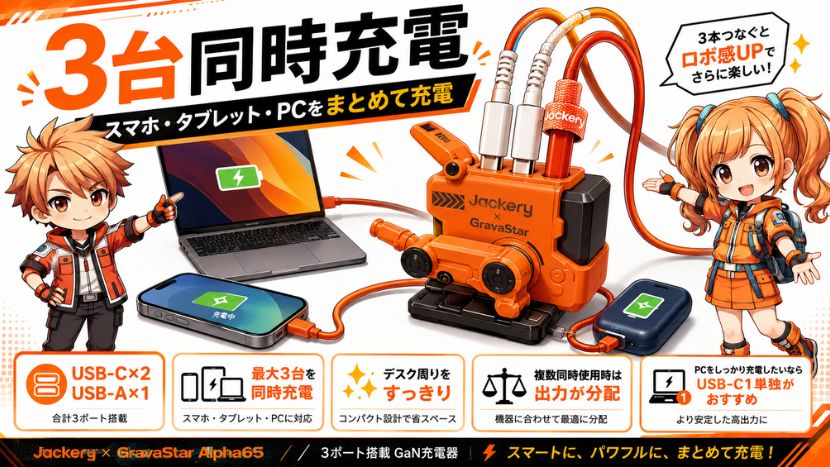3台同時充電|スマホ・タブレット・PCをまとめて充電
