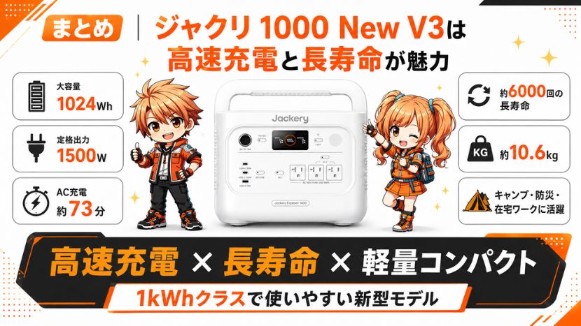 まとめ｜ジャクリ 1000 New V3は高速充電と長寿命が魅力