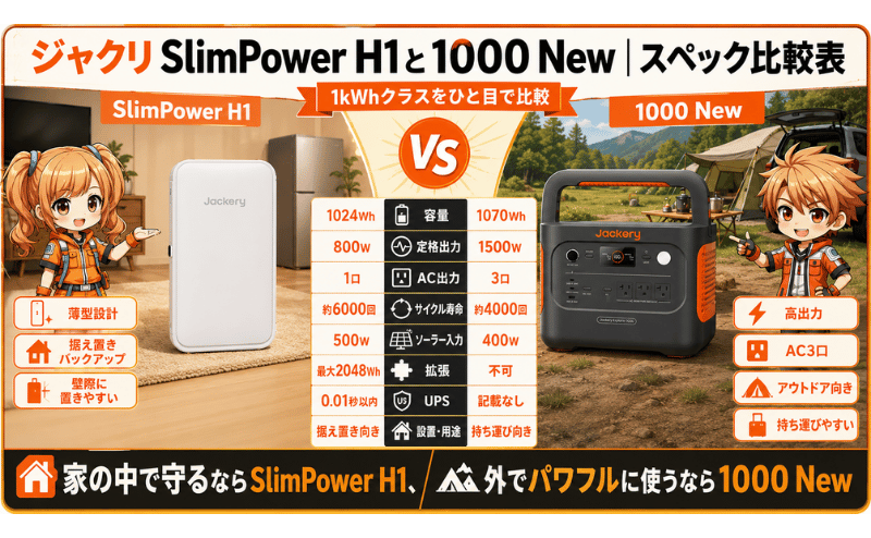 ジャクリ SlimPower H1と1000 New｜スペック比較表